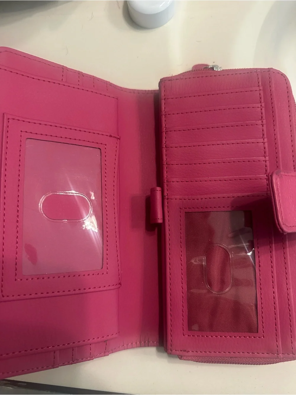 Genuine Leather Hot Pink Organizer Wallet Zip Around Clutch